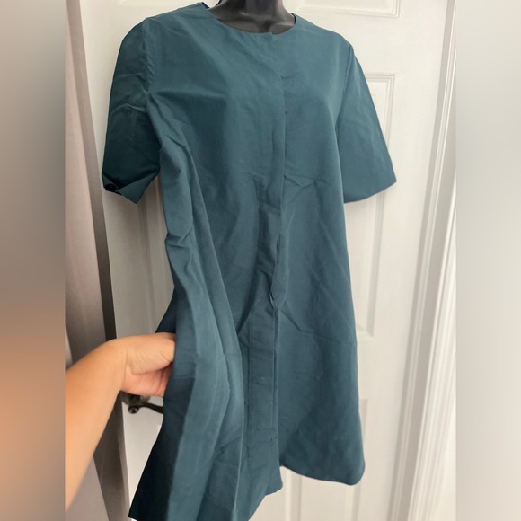 COS Cotton Linen A-Line Shirt Dress Mini Teal Blue Size 8 Minimalist Classic - Picture 3 of 15
